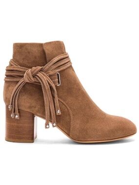Rag & Bone Dalia II Suede Studded Tassel Tie Chunky Heel Bootie Camel Size 39